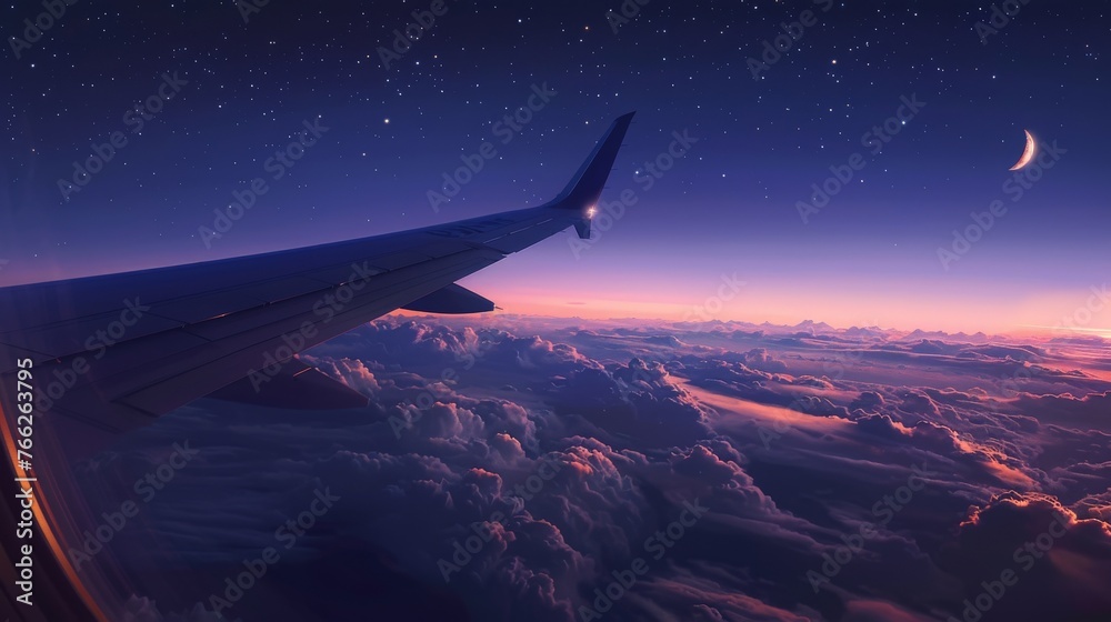 Twilight Ambience Above the Clouds from Airplane Window. Generative AI.