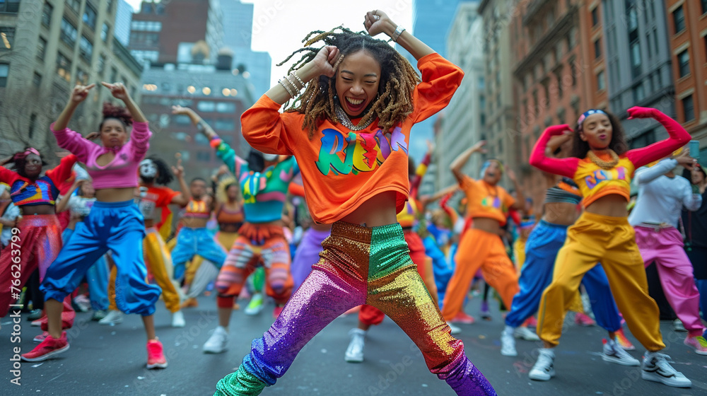 Fototapeta premium Dancing in the streets of New York. Cheerful woman dancing modern dance with group of colleagues