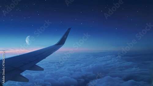 Night Sky and Crescent Moon from Airplane. Generative AI.