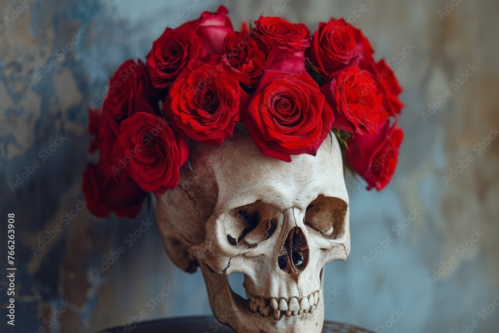 Skull surrounded by vibrant red roses on a table against a blue wall background