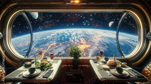 Dining with a Cosmic View:Gazing at Earth from a Futuristic Space Station Window