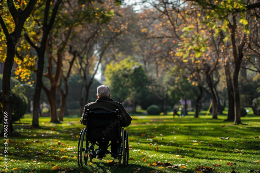 Elderly man sitting alone in a wheelchair in a park. Solitude and contemplation, highlighting the concept of loneliness and life during retirement. 
