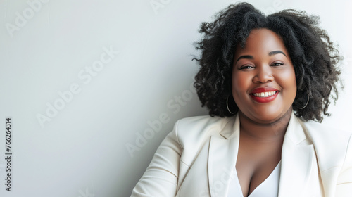 Beautiful Plus Size Black Woman at Office, Casual Clothes. Confident, Outgoing, Smiling. Successful Business Person, Educated Professional. Equality, Diversity at Work, International Company, Career. 