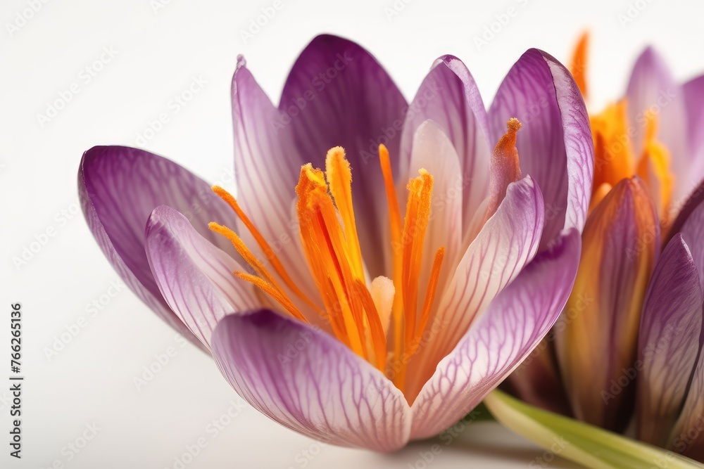 Purple crocus flower. A close-up of a blooming purple crocus with orange stamen isolated on a white background. Close-up macro view.