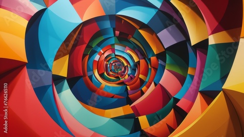 A vivid composition of intertwining geometric shapes that forms a mesmerizing spiral, playing with perception and depth