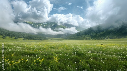 Grassy Field With Mountains Background