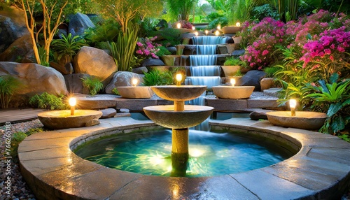 fountain in the garden.a serene and picturesque scene depicting a tiered bowls floor-stacked stone waterfall fountain with integrated LED lights. The composition showcases the harmonious blend of natu