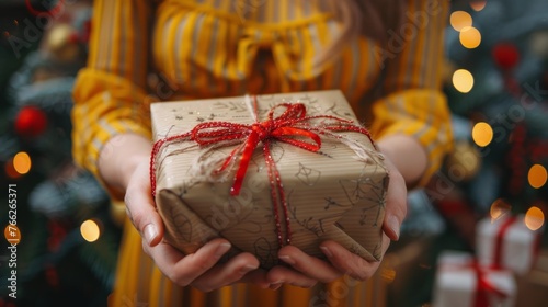 Woman Holding Wrapped Present in Front of Christmas Tree