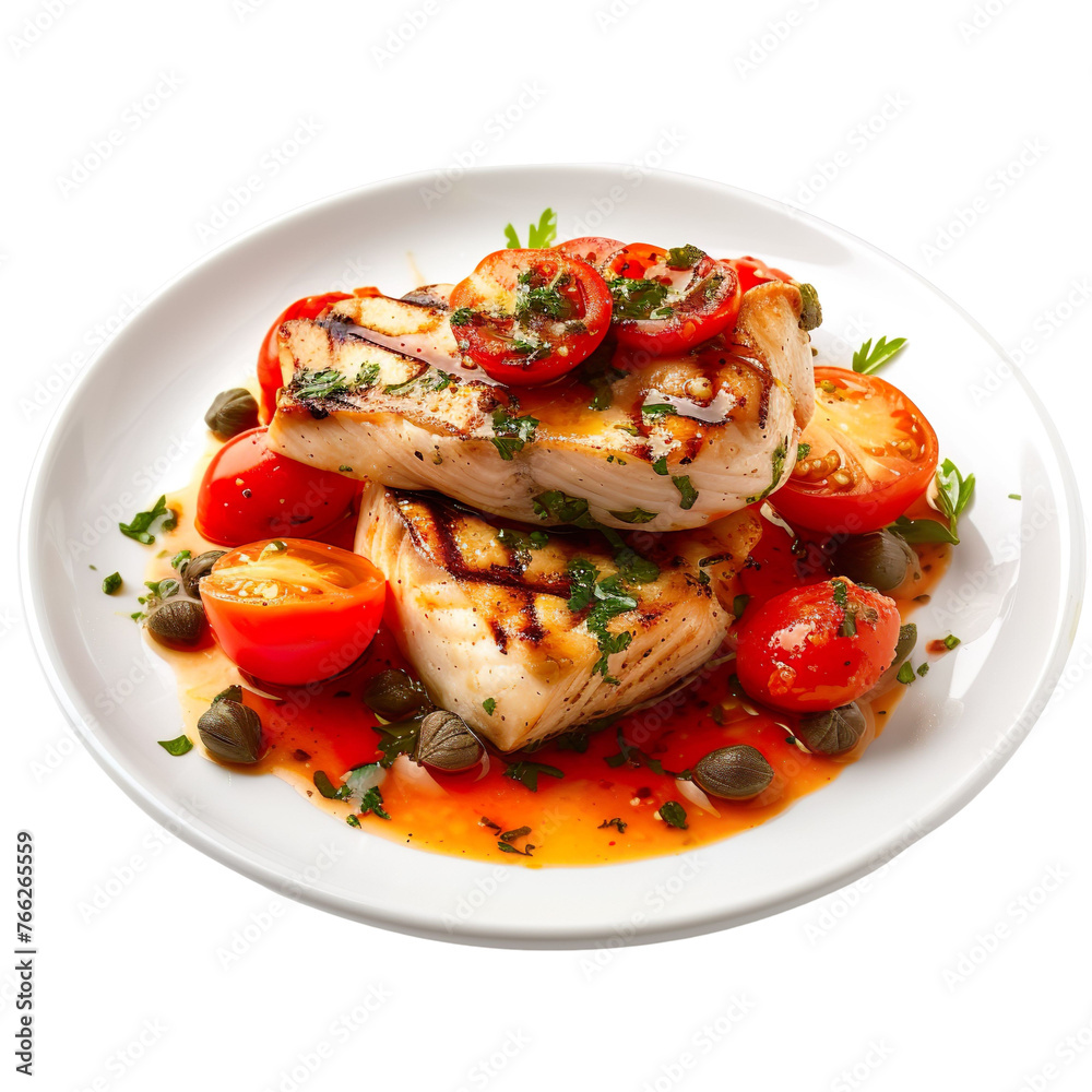 front view of Pesce Spada alla Siciliana with Sicilian-style swordfish, grilled and topped with a tomato and caper sauce isolated on a white transparent background