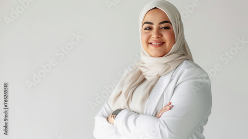 Beautiful Plus Size Arab Woman at Office, Casual Clothes. Confident, Outgoing, Smiling. Successful Business Person, Educated Professional. Equality, Diversity at Work, International Company, Career. 