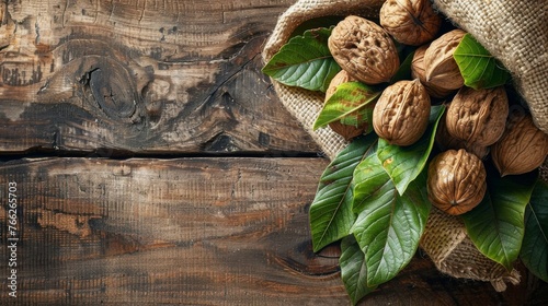 Walnuts and Leaves on Sack, Wooden Table