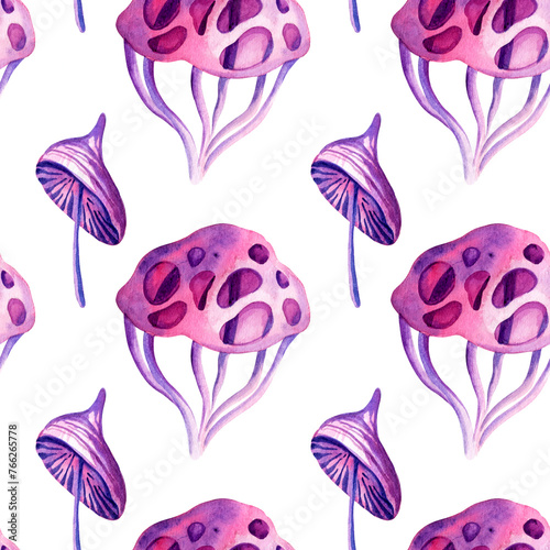 neon watercolor seamless pattern with fantastic multicolor cosmic mushrooms isolated on white background, hand draw illustration of magic colorful plant, fungus, magenta, lilac, purple colors