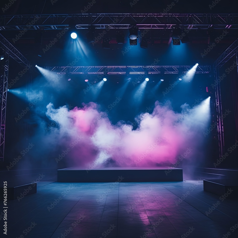 Smoky navy blue pink purple Light Shapes in the Dark,on the empty stage 