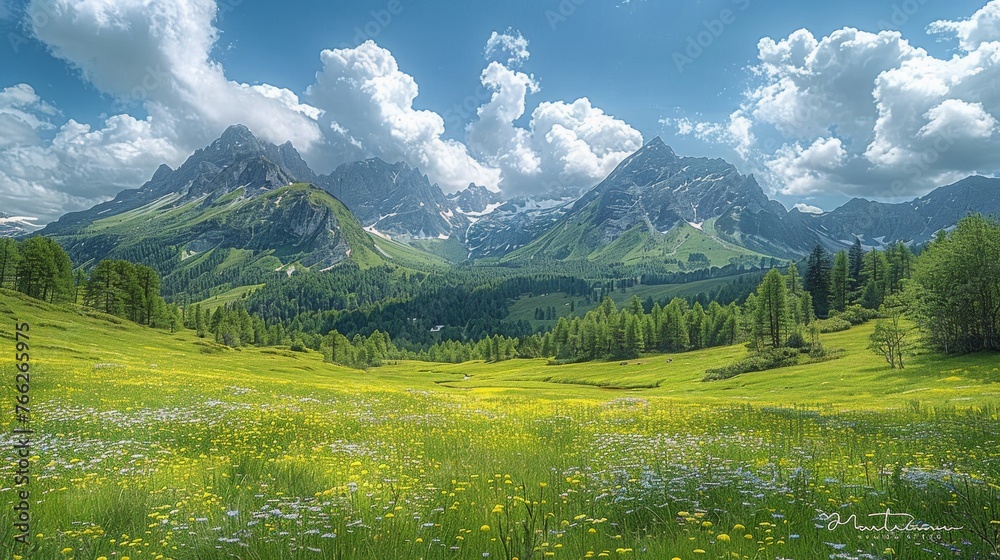 Field of Flowers With Mountains in Background