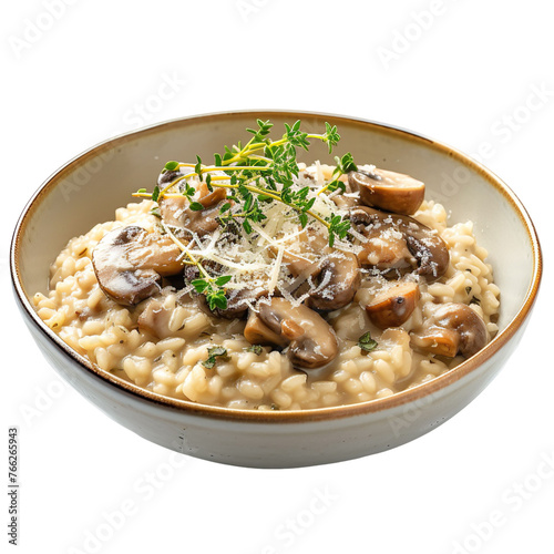 front view of Risotto ai Funghi with creamy mushroom risotto, garnished with Parmesan cheese and fresh herbs isolated on a white transparent background