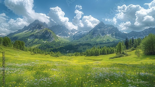 Field of Flowers With Mountains in Background