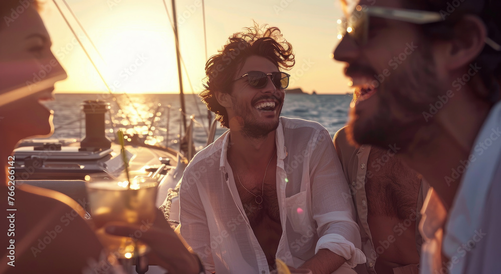 A group of beautiful friends on yacht, drinking champagne and smiling while wearing sunglasses. The sun is shining brightly in the sky