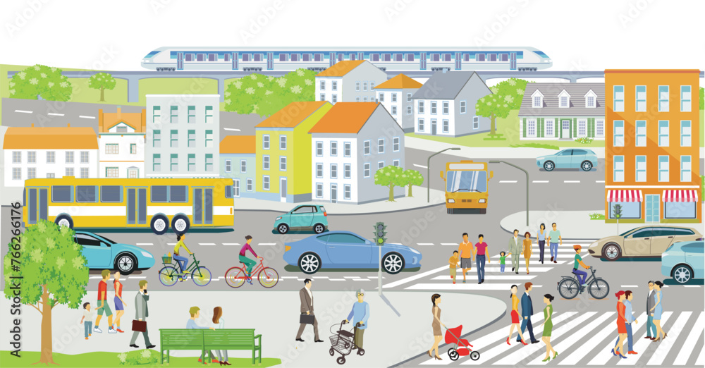 Stadtbus und Fußgänger im Ort mit Autos, Illustration