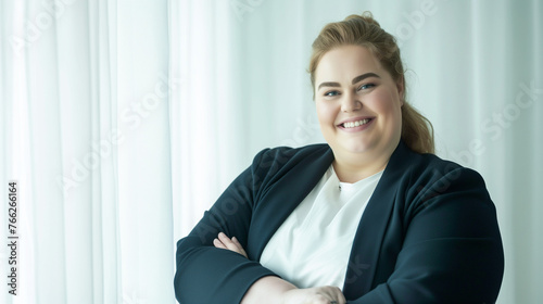 Beautiful Plus Size Nordic Woman, Formal Office Clothes. Confident, Outgoing, Smiling. Successful Business Person, Educated Professional. Equality, Diversity at Work, International Company, Career. 