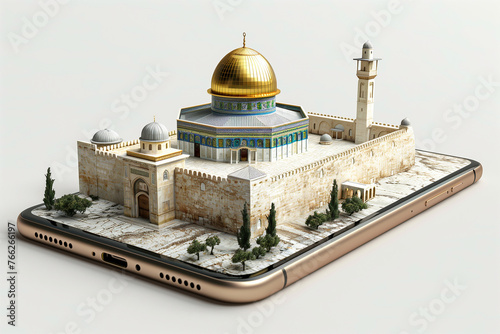 An AI generative image of Al-Aqsa Mosque and Dome of rock appear on smartphone.