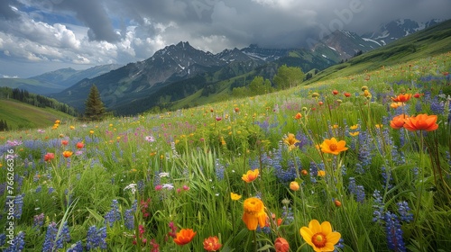 Field of Flowers With Mountain Backdrop