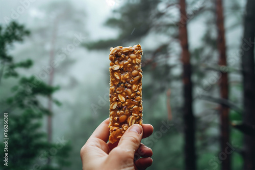 An AI generative image of bokeh hand holding energy bar with nature insight. photo