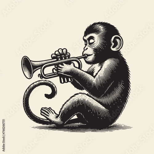Monkey playing the trumpet. Vintage retro engraving illustration. Black icon, isolated element	