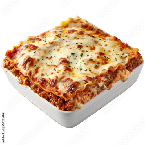 front view of Lasagna with layers of pasta, ricotta cheese, marinara sauce, ground beef, and melted mozzarella isolated on a white transparent background