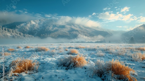 Snow Covered Field With Mountains