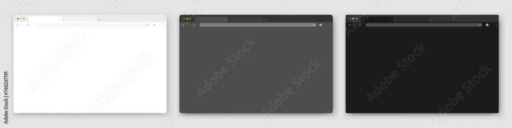Browser windows. A set of realistic empty browser windows in white, gray and black with a toolbar, search bar and shadow on a light background. Vector EPS 10.