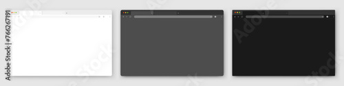 Browser windows. A set of realistic empty browser windows in white, gray and black with a toolbar, search bar and shadow on a light background. Vector EPS 10.