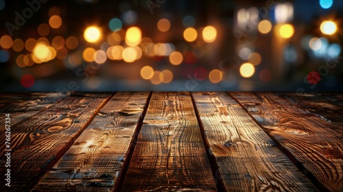 Wooden Table With Blurry Lights
