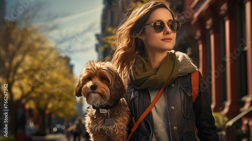 A fashion-forward woman in sunglasses with her dog on a sunny urban street