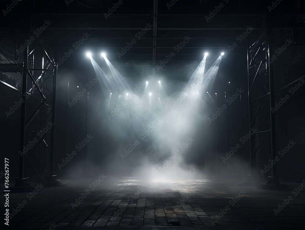 Smoky silver Light Shapes in the Dark,on the empty stage  - obrazy, fototapety, plakaty 