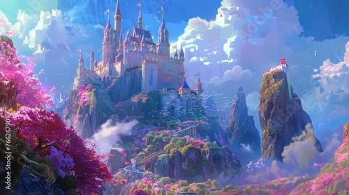 Zooming into an enchanting fortress atop a mystical hill in a vibrant animated scene.