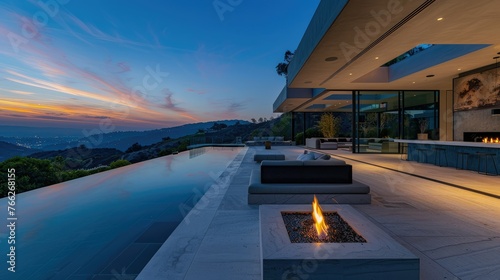 Luxurious Resort Terrace with Sculptural Fireplace and Marble Accents