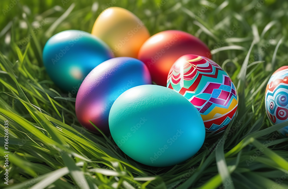 Colorful bright Easter eggs lie on the green grass on a sunny spring day. Concept - Christian holidays and traditions