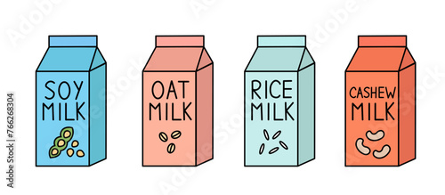 Vegan milk set. Soy, rice, cashew, oat. Box Carton packaging. Collection of vector flat illustration.