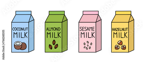 Vegan milk set. Almond, coconut, hazelnut, sesame. Box Carton packaging. Collection of vector flat illustration.