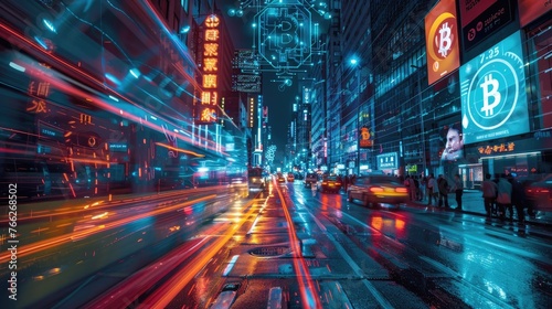 Dazzling Neon-Lit City Nightscape with Blurred Traffic and Towering Skyscrapers