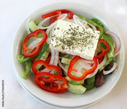 Greek Salad with Peppers, Cucumber, Feta Cheese and Herbs at Local Greek Tavern in Samos, Greece