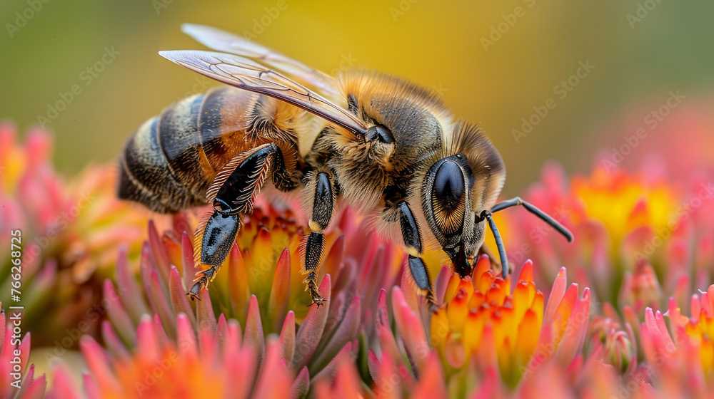 ape (apis mellifera) sui fiori , primo piano di ape che si nutre da un ...