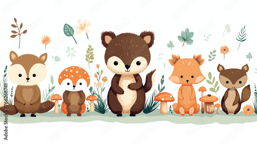 Cute picture forest animals. Bear fox deer mouse. Tre - obrazy, fototapety, plakaty 