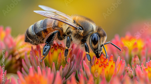 ape (apis mellifera) sui fiori , primo piano di ape che si nutre da un fiore, impollinazione photo