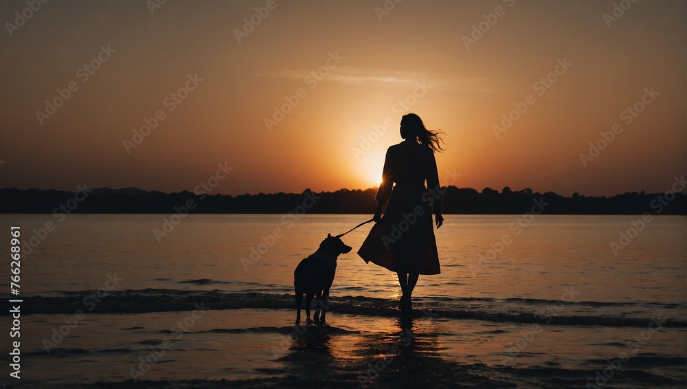 A Woman and Her Dog Silhouetted Against the Evening Sky, Ai generated 