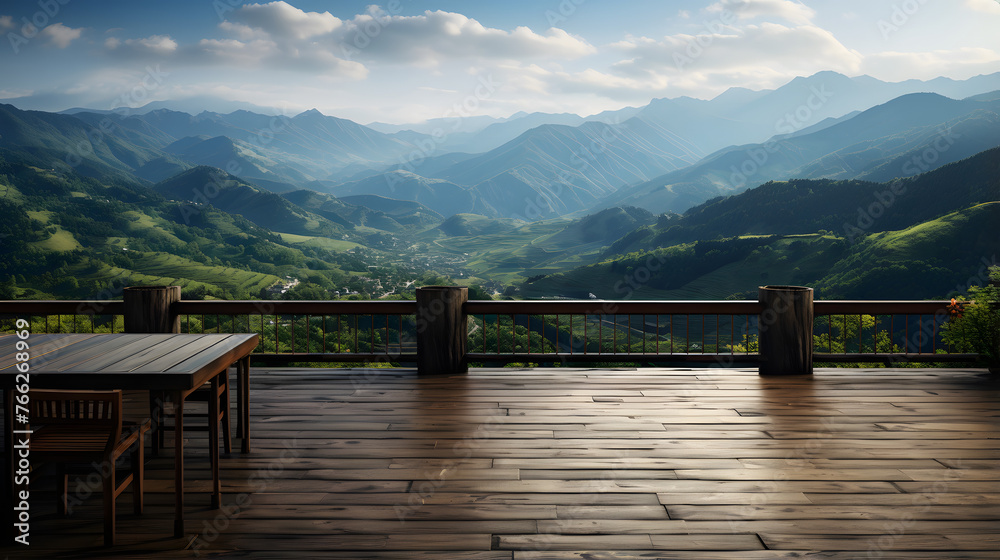 nature and mountains overlooking the wooden floor and valley landscape from the roof