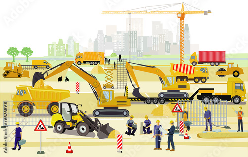 Handwerker und Bauarbeiter auf der Grossbaustelle,  illustration © scusi