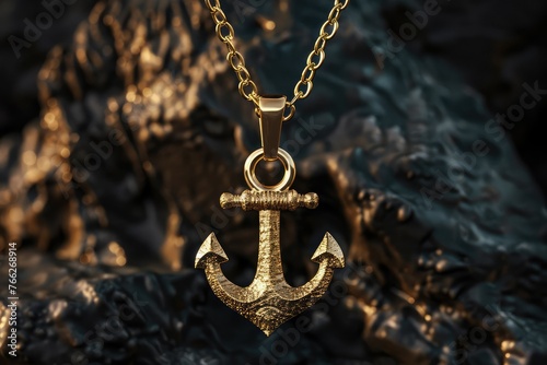Close-up shot of a man wearing a gold anchor necklace with intricate design. The hyper-realistic, gleaming pendant is a luxury fashion statement with nautical theme, showcasing detailed craftsmanship