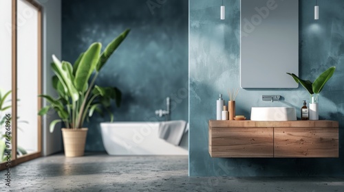Modern minimalist bathroom interior  modern bathroom cabinet  white sink  wooden vanity  interior plants  bathroom accessories  bathtub and shower  white and blue walls  concrete floor