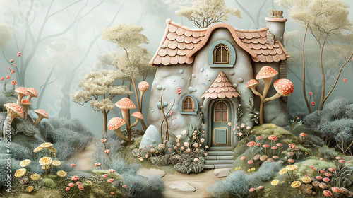 Fairytale Mushroom House in a Mystical Forest Landscape